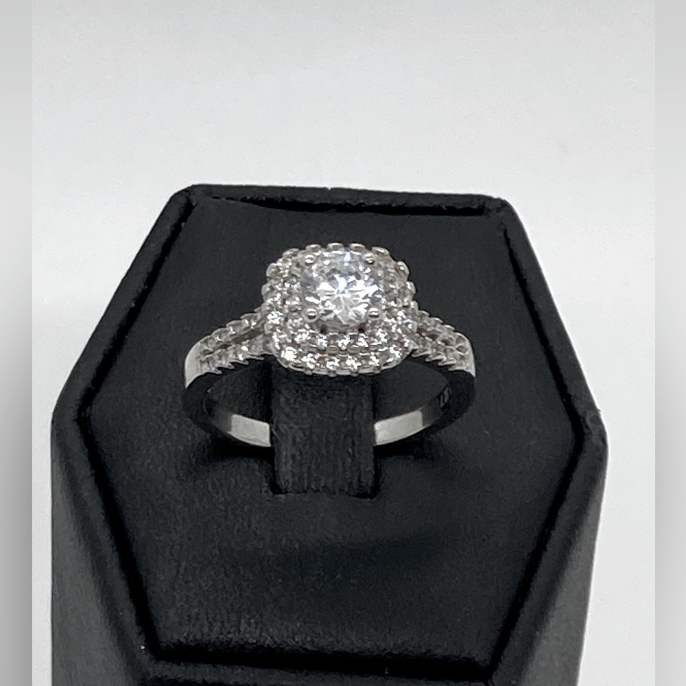 Sterling Silver 925 Double Halo CZ Stone Band Split Shank Ring | Size 7